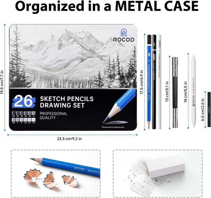 ROCOD Sketch Pencils for Kids and Adults Drawing, 26-Piece Profession Sketching Pencils, Drawing Pencil for Artists Beginner Sketching, Art Graphite Pencil 6B to 4H - Image 5